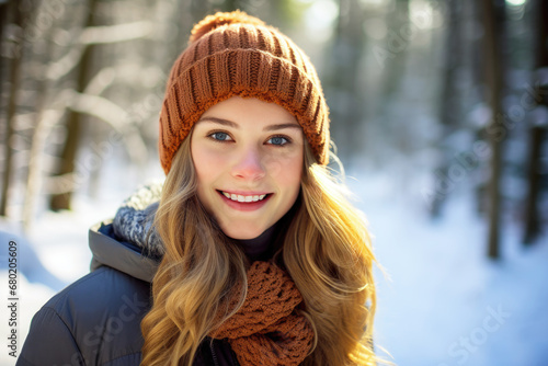 Portrait of a cute smiling girl with long hair wearing handmade winter accessories, including a knitted brown hat and scarf, in a snowy forest. Lifestyle. Holiday © Natalia Arteeva