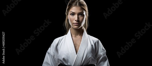 The woman wearing a white Kimono stands on a black background, isolated from the surroundings, showcasing her dedication to fitness and a healthy lifestyle through her intense training and exercise photo