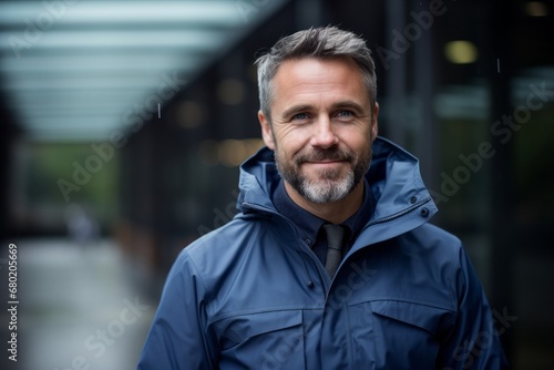 Portrait of a grinning man in his 40s wearing a windproof softshell against a sophisticated corporate office background. AI Generation