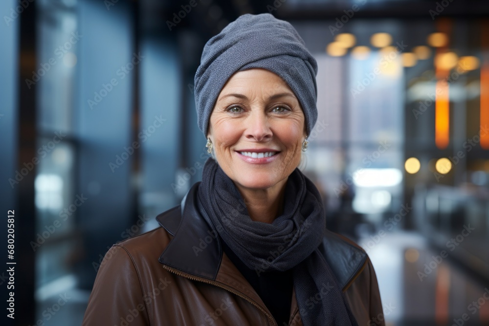Portrait of a grinning woman in her 50s dressed in a warm ski hat against a sophisticated corporate office background. AI Generation Portrait of a grinning woman in her 50s dressed in a warm ski hat against a sophisticated corporate office background. AI Generation