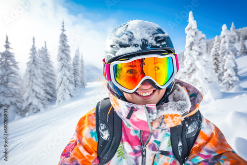 Portrait of a smiling young woman in ski goggles and helmet.