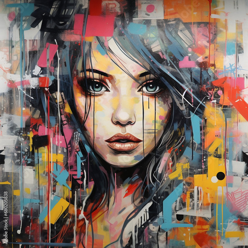 urban graffiti-style art with intricate tags, murals, and street art elements with woman face created with Generative Ai