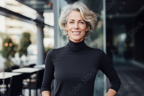 Portrait of a blissful woman in her 50s showing off a thermal merino wool top against a sophisticated corporate office background. AI Generation