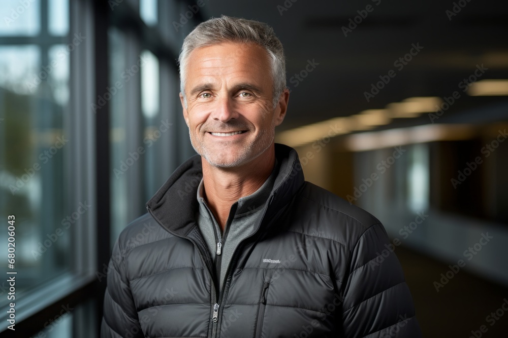 Portrait of a grinning man in his 50s sporting a quilted insulated jacket against a sophisticated corporate office background. AI Generation Portrait of a grinning man in his 50s sporting a quilted insulated jacket against a sophisticated corporate office background. AI Generation