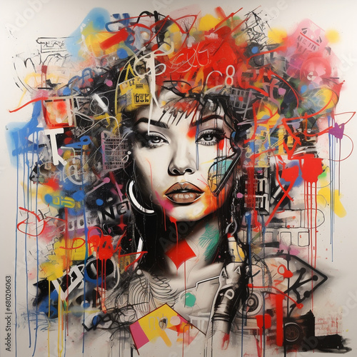 urban graffiti-style art with intricate tags, murals, and street art elements with woman face created with Generative Ai © Andrii Yablonskyi