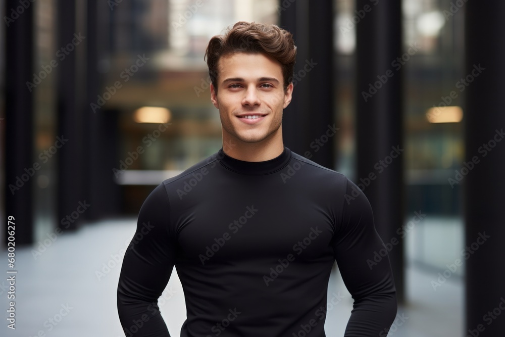 Portrait of a merry man in his 20s showing off a lightweight base layer against a sophisticated corporate office background. AI Generation Portrait of a merry man in his 20s showing off a lightweight base layer against a sophisticated corporate office background. AI Generation