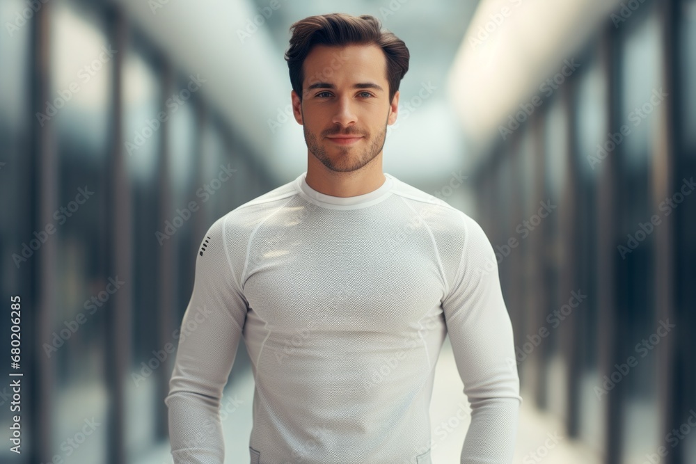 Portrait of a merry man in his 20s showing off a lightweight base layer against a sophisticated corporate office background. AI Generation Portrait of a merry man in his 20s showing off a lightweight base layer against a sophisticated corporate office background. AI Generation