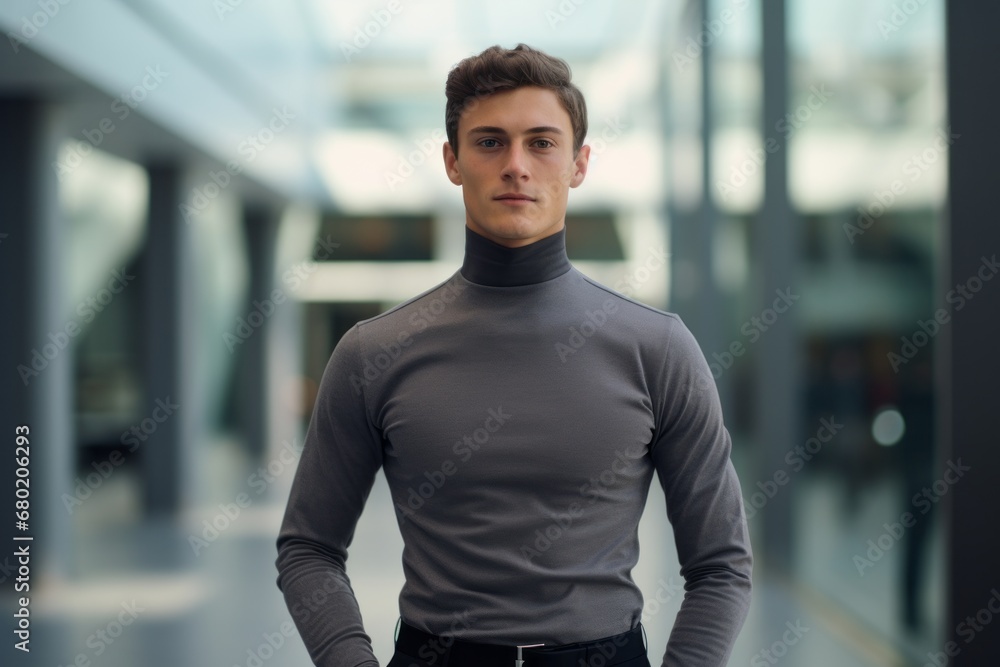Portrait of a merry man in his 20s showing off a lightweight base layer against a sophisticated corporate office background. AI Generation Portrait of a merry man in his 20s showing off a lightweight base layer against a sophisticated corporate office background. AI Generation
