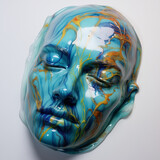 Portrait visage femme fluide peinture, matière résine bleue veines oranges