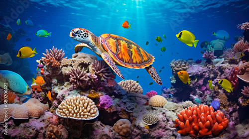 Turtle and coral reef in the Sea