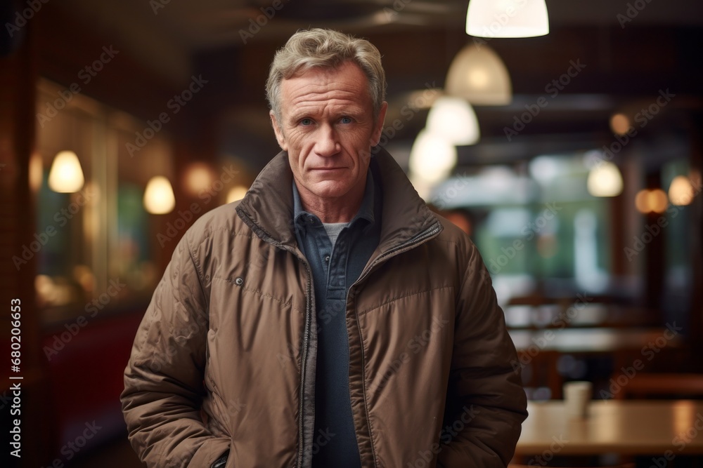 Portrait of a content man in his 50s sporting a quilted insulated jacket against a lively classroom background. AI Generation Portrait of a content man in his 50s sporting a quilted insulated jacket against a lively classroom background. AI Generation