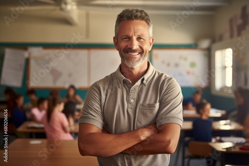 Portrait of a blissful man in his 50s wearing a sporty polo shirt against a lively classroom background. AI Generation photo