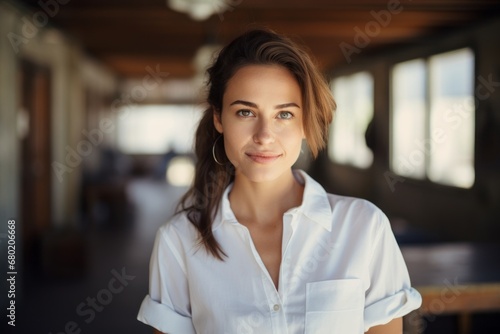 Portrait of a blissful woman in her 20s wearing a simple cotton shirt against a lively classroom background. AI Generation