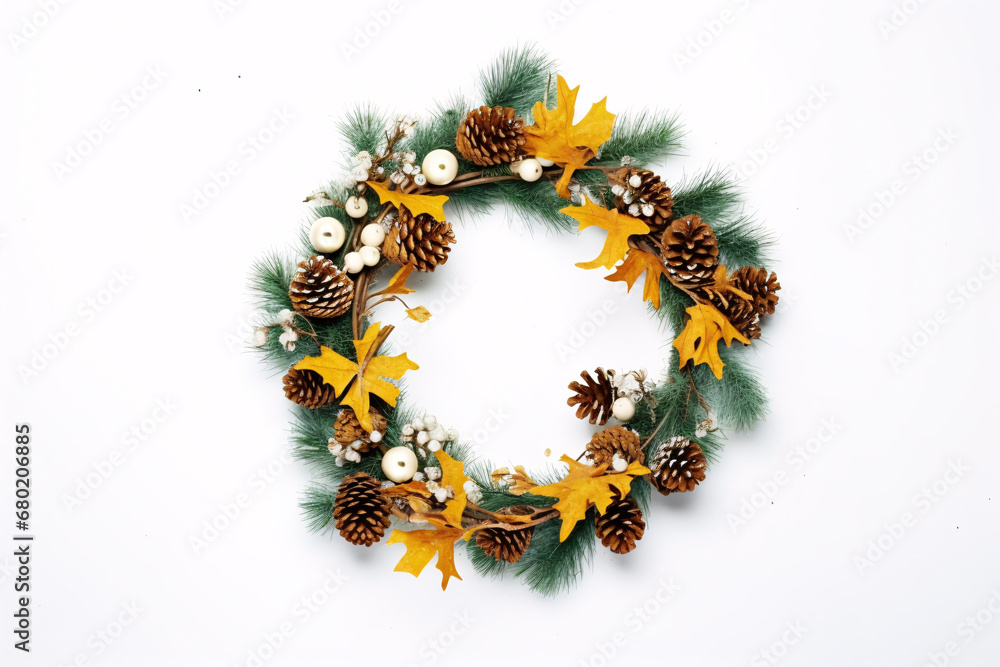 A festive wreath perched atop a crisp white surface offers copious space for creative expression.