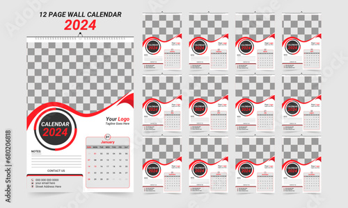 Professional modern wall calendar 2024, high-quality print-ready 12 page calendar design template for business