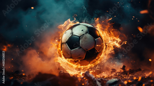 A soccer ball is in the middle of a fire on volcanic terrain  intense action in inferno background 