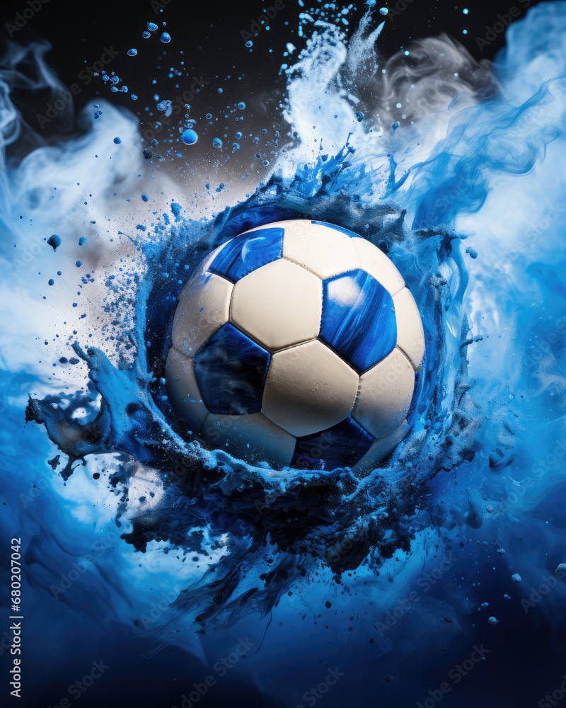 soccer ball on blue background, abstract paint and smoke, creative vertical sport banner 
