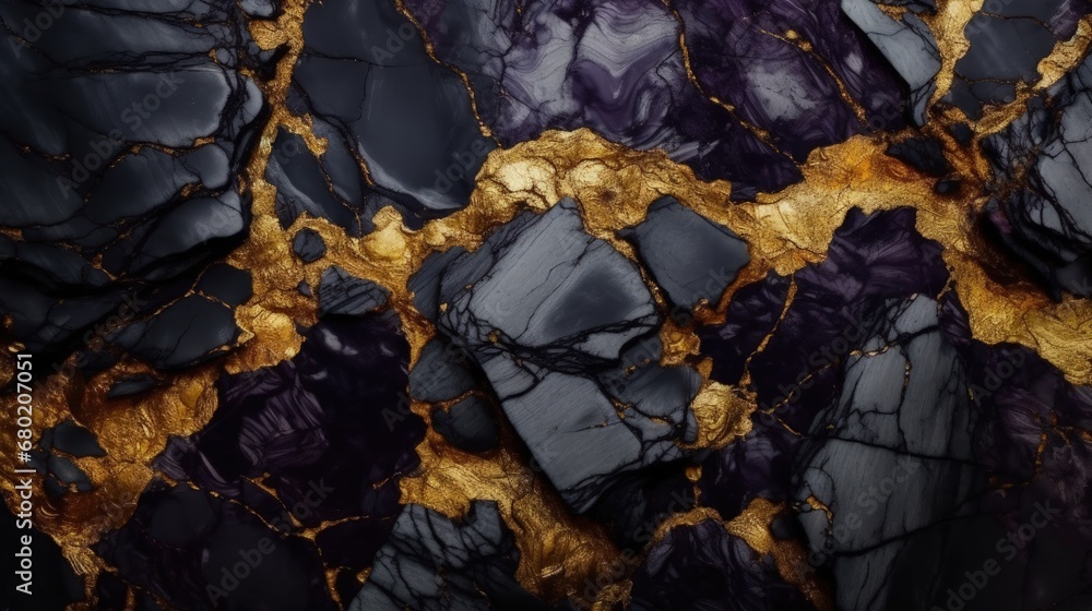 Silver, black rock texture with gold veins and golden nuggets. Background, wallpaper. Silver, black rock texture with gold veins and golden nuggets. Background, wallpaper.