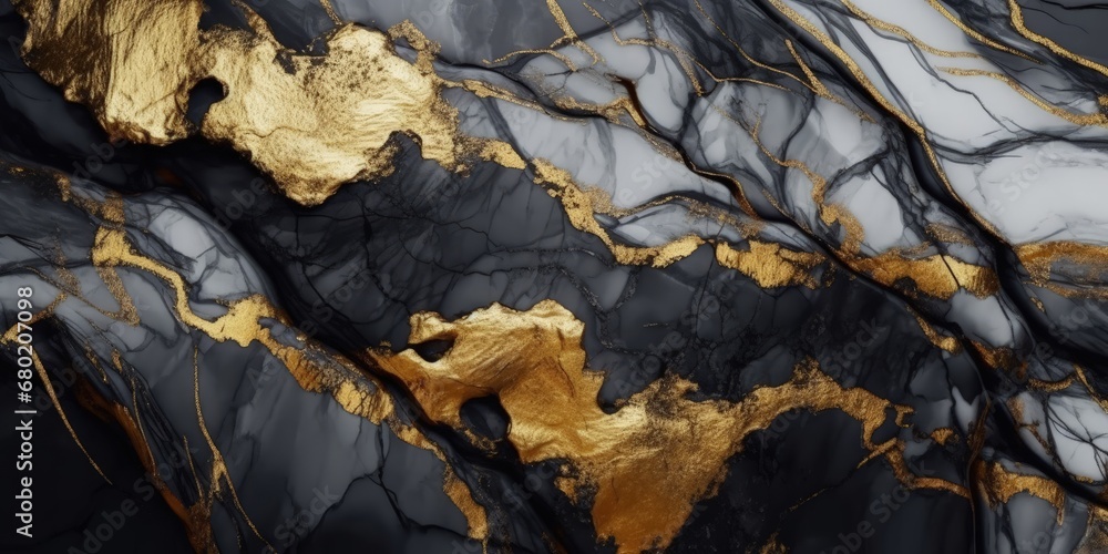 Silver, black rock texture with gold veins and golden nuggets. Background, wallpaper. Silver, black rock texture with gold veins and golden nuggets. Background, wallpaper.