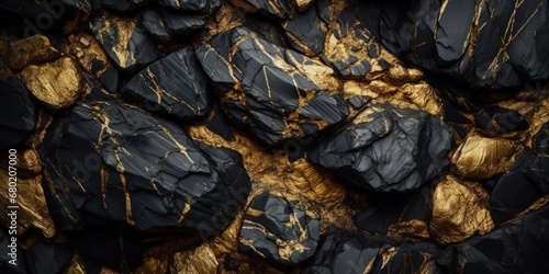 Silver, black rock texture with gold veins and golden nuggets. Background, wallpaper.