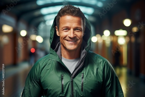 Portrait of a grinning man in his 40s wearing a lightweight packable anorak against a dynamic fitness gym background. AI Generation photo