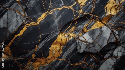 Silver, black rock texture with gold veins and golden nuggets. Background, wallpaper.