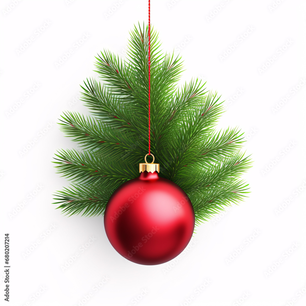 Isolated Christmas Fir twigs with a red bauble on white background, a festive decoration. Isolated Christmas Fir twigs with a red bauble on white background, a festive decoration.