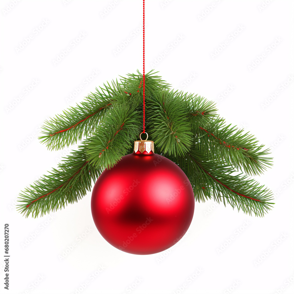 A festive Xmas pine branch with a decorative red bauble isolated on a pristine white background.. →A wintery Xmas fir with a lovely red decoration isolated on a spotless white background. A festive Xmas pine branch with a decorative red bauble isolated on a pristine white background.. →A wintery Xmas fir with a lovely red decoration isolated on a spotless white background.