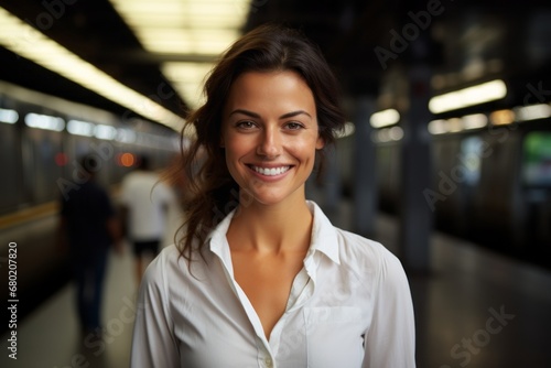 Portrait of a grinning woman in her 30s wearing a classic white shirt against a bustling city subway background. AI Generation