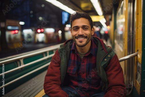 Portrait of a satisfied man in his 30s wearing a comfy flannel shirt against a bustling city subway background. AI Generation