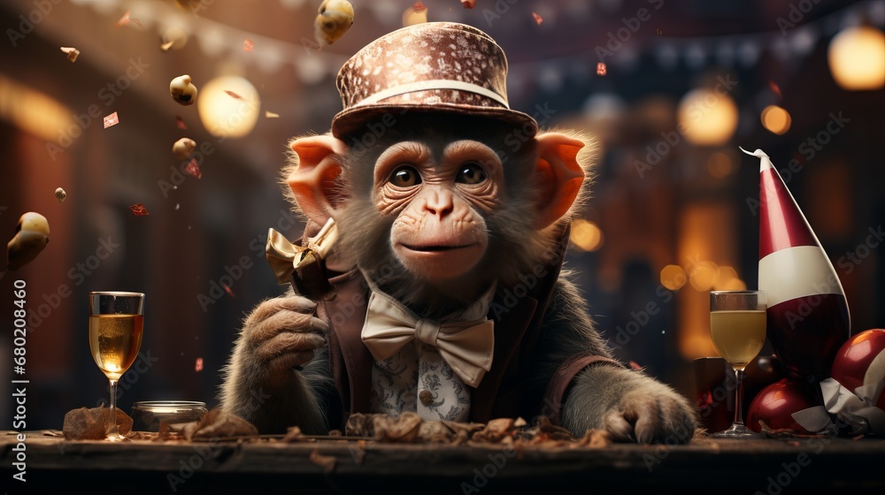 Cute monkey dressed in formal clothes and a party hat. Made with Generative AI. Cute monkey dressed in formal clothes and a party hat. Made with Generative AI.