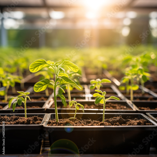 Plants growing from seeds in trays. seedling nursery growth. crops in the background is sunlight. It conveys effort, new beginning, freshness, cleanliness, and warmth.