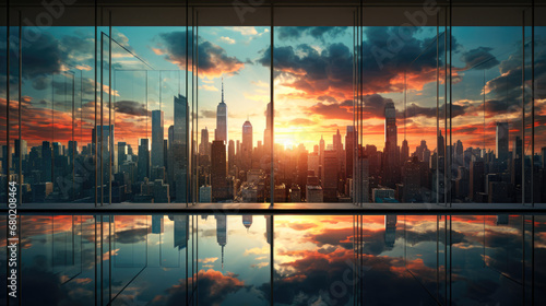 Panoramic view of modern skyscrapers at sunset. illustration