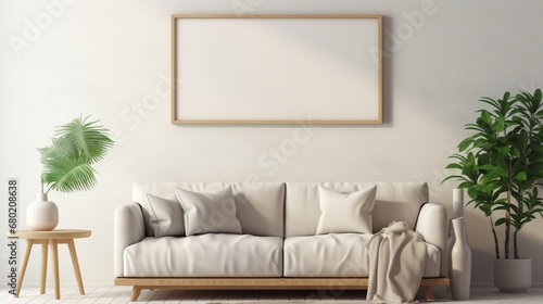 An empty white frame on a wall in a cozy living room with a beige couch, a fluffy rug, and a wooden side table.