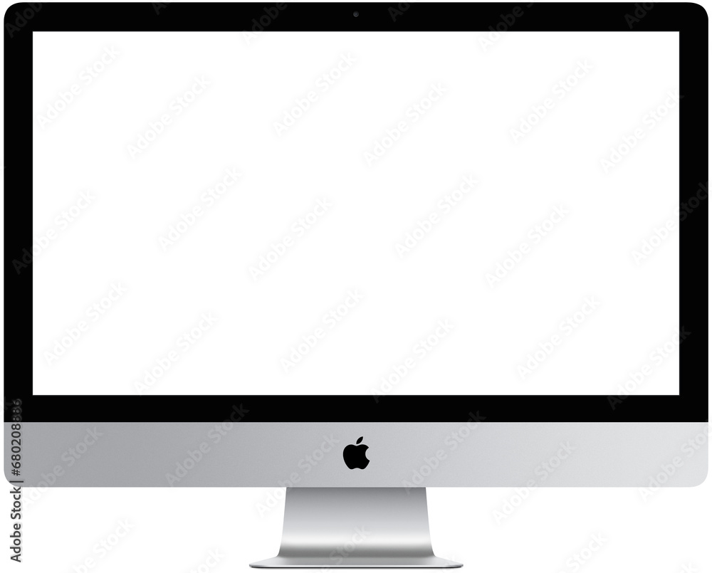 Realistic mockups of the new iMac 27 inch blank screen monoblock personal made by Apple Computers, transparent screen, silver & black color on an isolated white background. Apple iMac 27". PNG image  - obrazy, fototapety, plakaty 