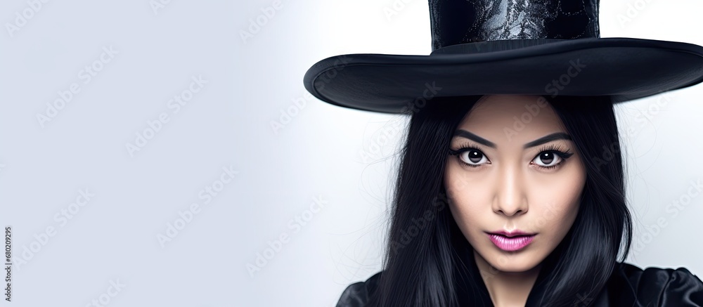 In a captivating portrait on a white background, an Asian woman with black hair and a hint of magic in her eyes embraces her imagination as an adult magician, wearing a black hat and cap, she enchants In a captivating portrait on a white background, an Asian woman with black hair and a hint of magic in her eyes embraces her imagination as an adult magician, wearing a black hat and cap, she enchants