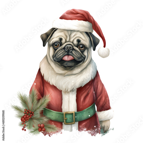Dog in Christmas Illustration, Christmas Pug Watercolor Clipart, Xmas Animal © SASINA N.