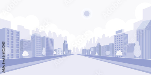Light violet cityscape background. City buildings with trees beside the road. Monochrome urban landscape with street. Modern architectural panorama in flat style art. Vector illustration wallpaper