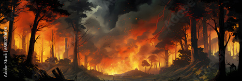 panorama of a forest fire, burning trees and bushes. conflagration, wildfire. flames and clouds of smoke in the jungle. an environmental disaster. photo