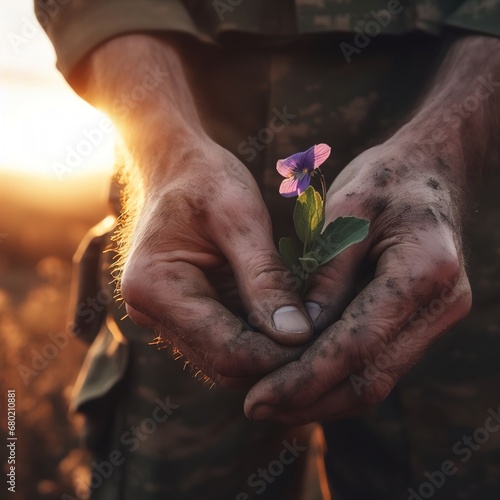 Soldier's hands holding a flower. Generative AI