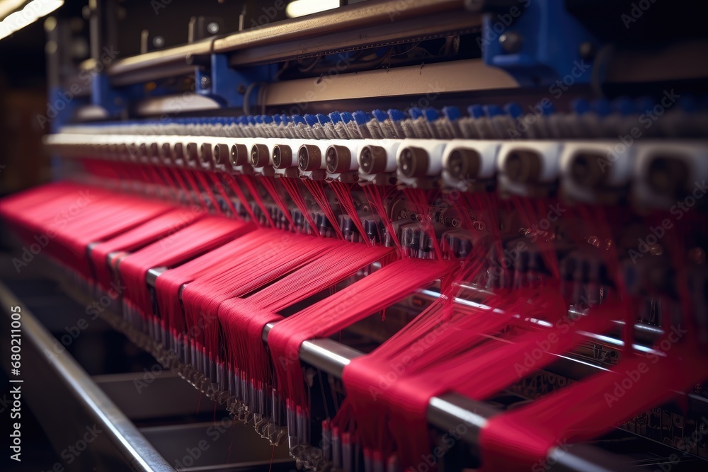 Production line of the textile industry. Textile industry. Industrial background, Textile factory machine weaving close up, AI Generated - obrazy, fototapety, plakaty 