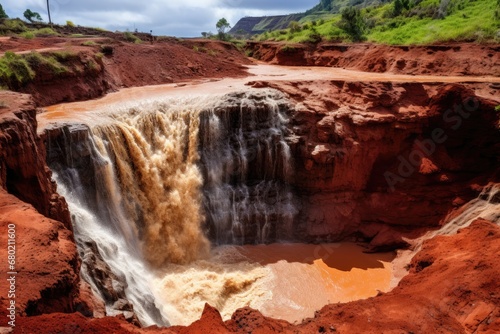 Waterfall in the Red Canyon of the Gunnison National Park, Colorado, The famous Red Dirt Falls, a cascading waterfall of fresh water over the iron-rich basalt rock in Waimea Canyon, AI Generated