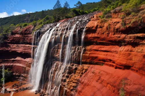 Waterfall in the Red Canyon, Huelva Province, Spain, The famous Red Dirt Falls, a cascading waterfall of fresh water over the iron-rich basalt rock in Waimea Canyon State Park, AI Generated