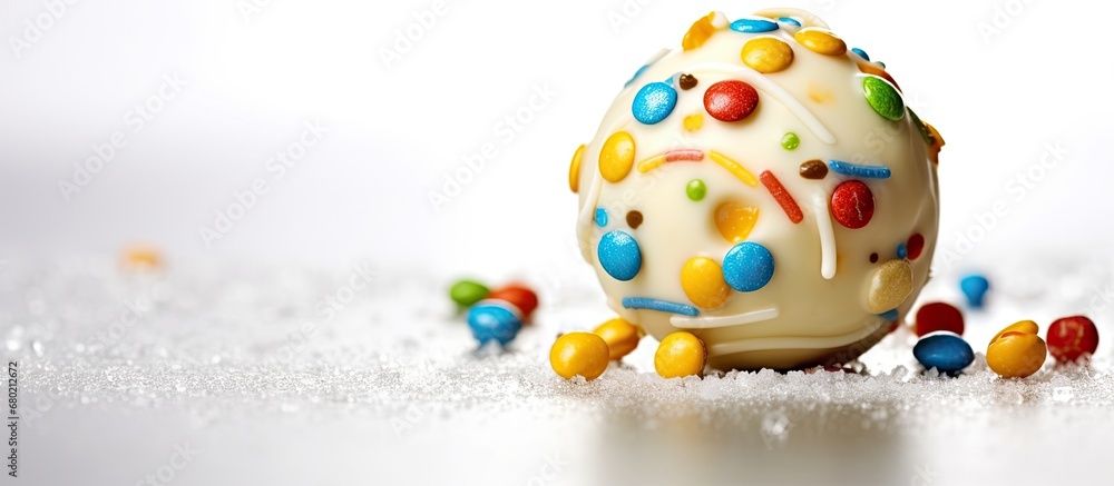 During the holiday, I enjoyed a fun and isolated dessert by indulging in a white chocolate candy ball, shaped like a yellow ball, topped with colorful candy decorations, all while satisfying my sweet