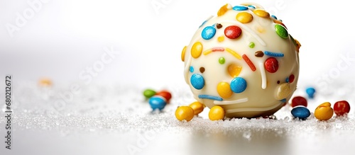 During the holiday, I enjoyed a fun and isolated dessert by indulging in a white chocolate candy ball, shaped like a yellow ball, topped with colorful candy decorations, all while satisfying my sweet