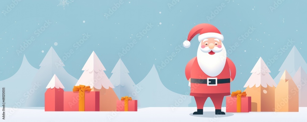 Santa Claus living in winter forest, christmas greeting card illustration panorama banner. Generative Ai.