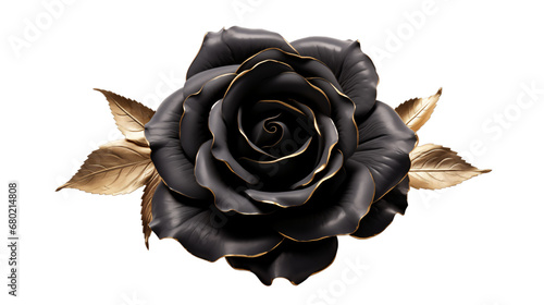 Black rose flower with four gold leaves and hints of gold on petals isolated background