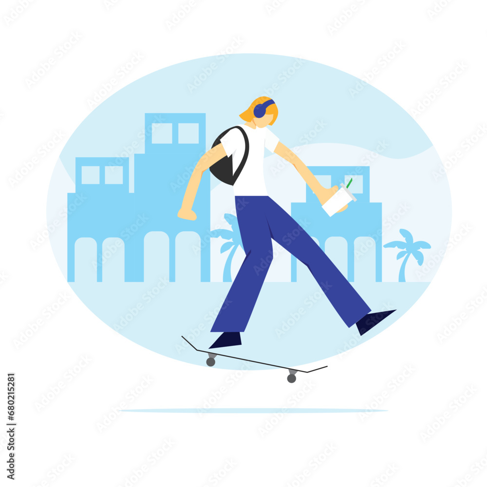 A man with backpack passing by the cities going to work or school using skateboard flat illustration A man with backpack passing by the cities going to work or school using skateboard flat illustration