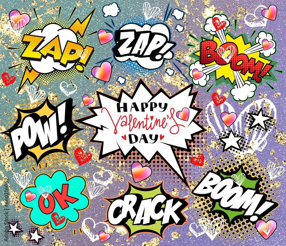 Obraz premium Valentines day comics. Holiday illustration with cartoon, collage, lettering.