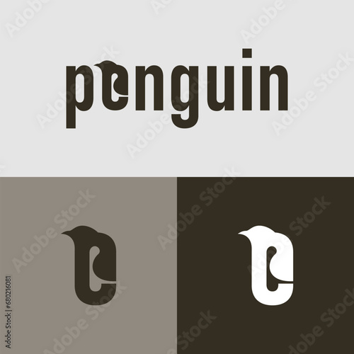 penguin logotype with penguin icon on letter E, vector logo illustration, isolated